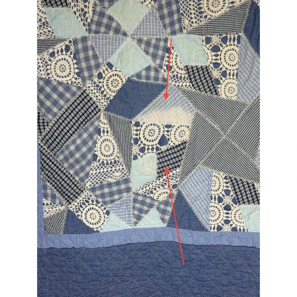 Vtg Handmade Blue Patchwork Crazy Quilt Crochet Lace Gingham Cottagecore READ
